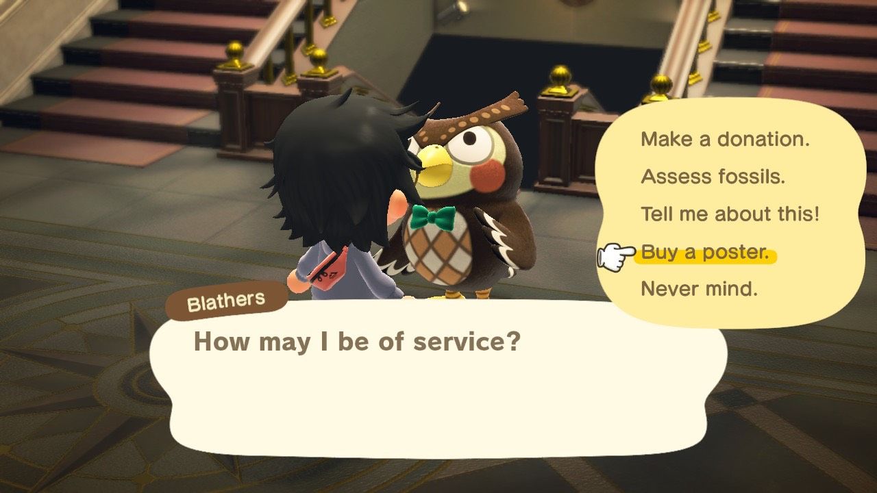A player speaking to Blather's about buying a poster in the museum, in Animal Crossing: New Horizons.
