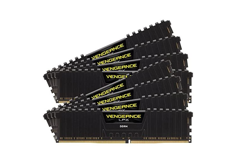 Corsair Vengeance LPX 3000MHz Kit product image of multiple black RAM cards featuring yellow branding.