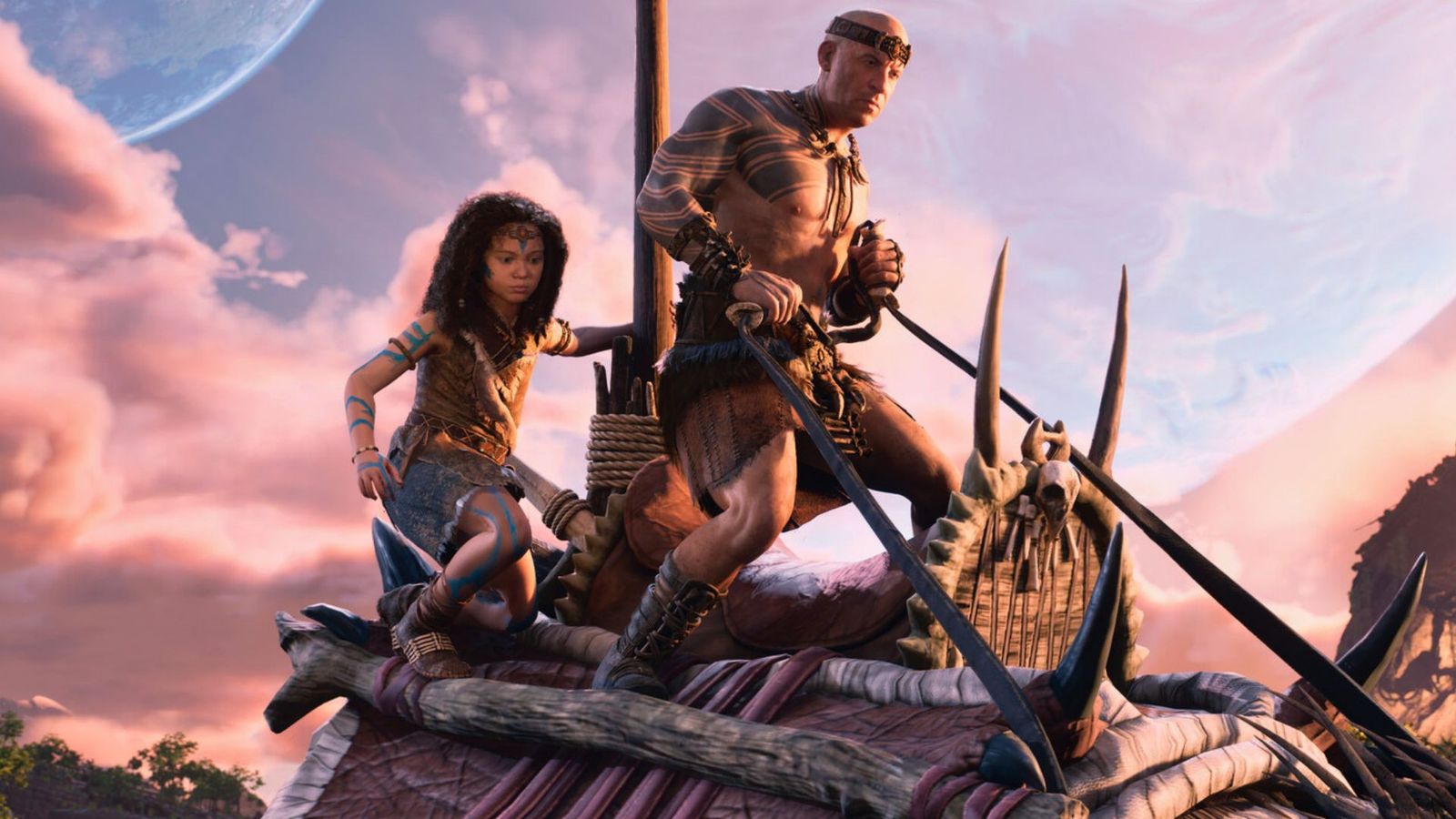 Vin Diesel and a girl are riding on the back of a dinosaur in ARK 2.