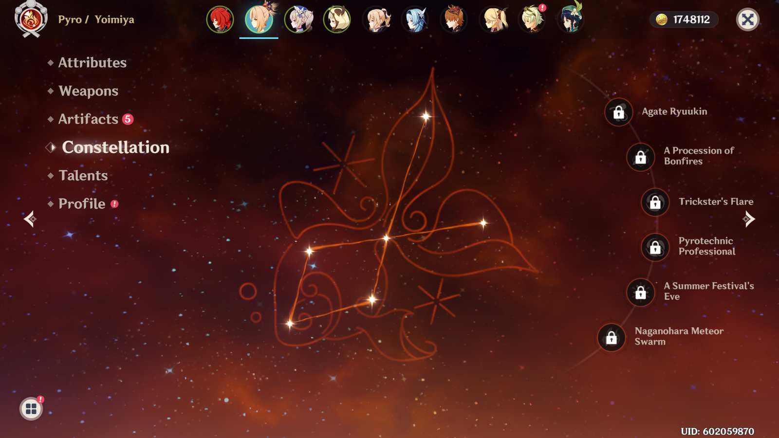 Yoimiya's Constellation screen