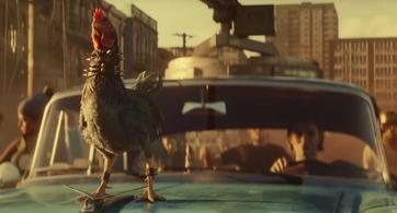 Far Cry 6 rooster Amigo, Chicharron, on top of Dani Rojas' Ride during the Ubisoft Chicharron Run Trailer.