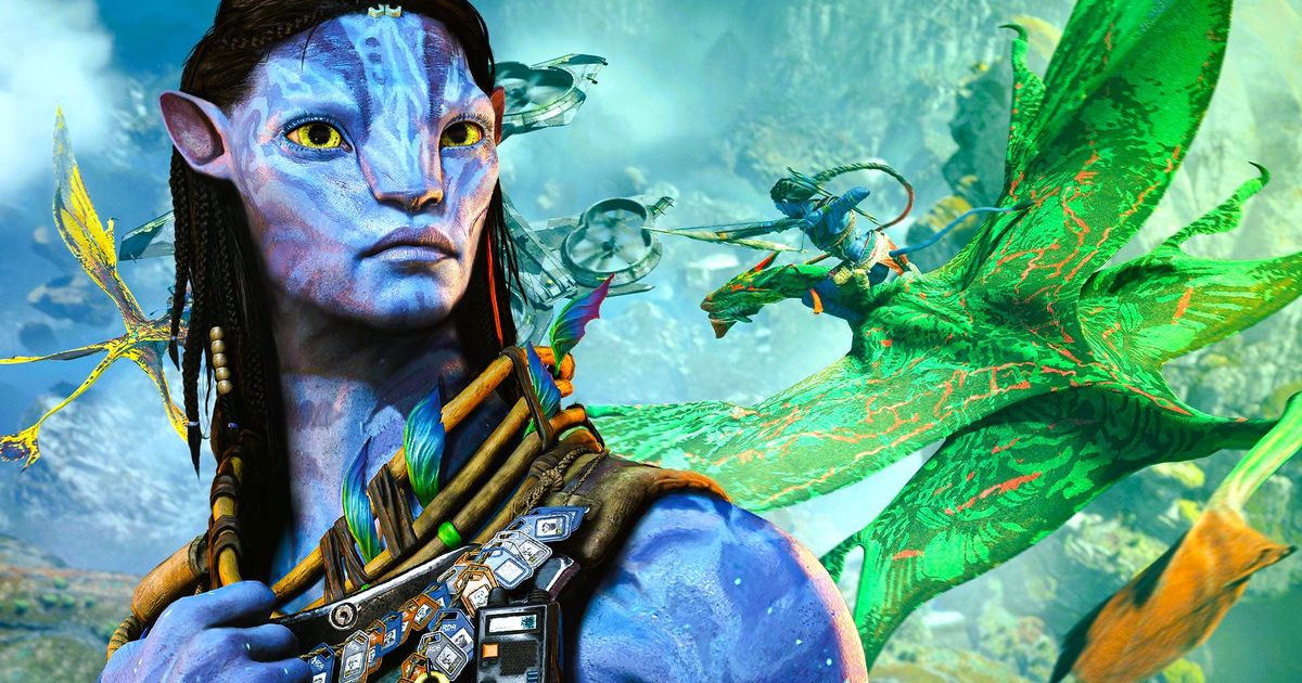 Avatar: Frontiers of Pandora Na'vi character with Ikran flying behind