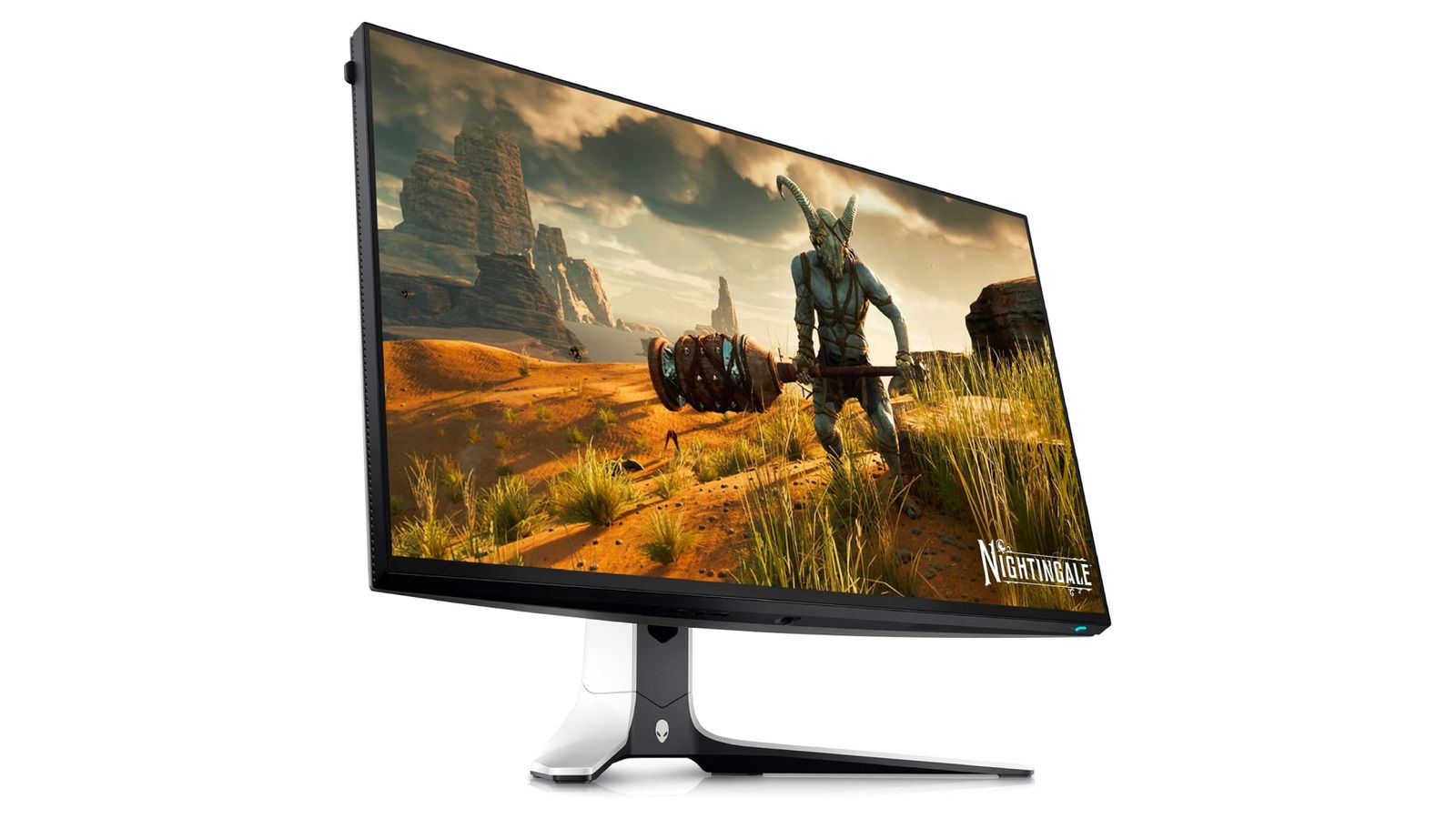 Alienware AW2723DF product image of a black and white monitor with Nightingale gameplay on the display.