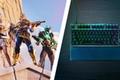 One one side of a diagonal white line, a band of Fortnite characters holding weapons. On the other side, a tenkeyless black keyboard with green, blue, and pink backlighting.