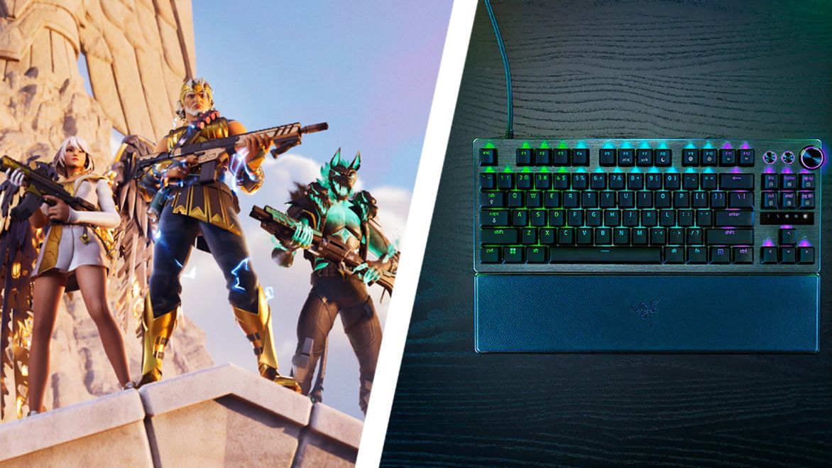 One one side of a diagonal white line, a band of Fortnite characters holding weapons. On the other side, a tenkeyless black keyboard with green, blue, and pink backlighting.