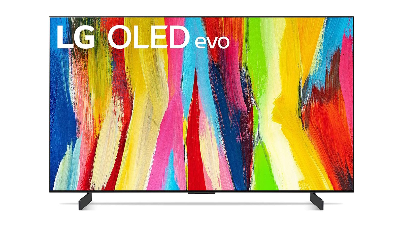 LG OLED evo C2 product image of a flat TV with multi-coloured paint stripes on the display.