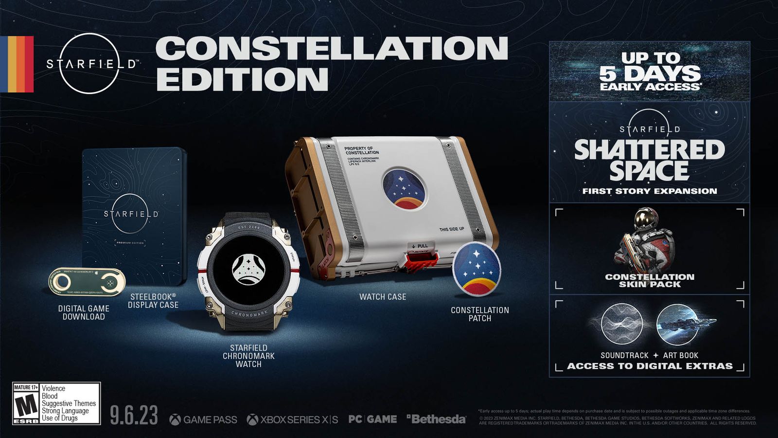 The Constellation Edition of Starfield showing all of its pre-order bonuses.