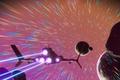 A Starship using the Pulse Engine to travel quickly across an interstellar system in No Man's Sky.