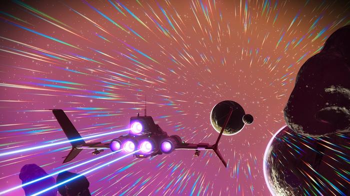 A Starship using the Pulse Engine to travel to a distant planet in No Man's Sky.
