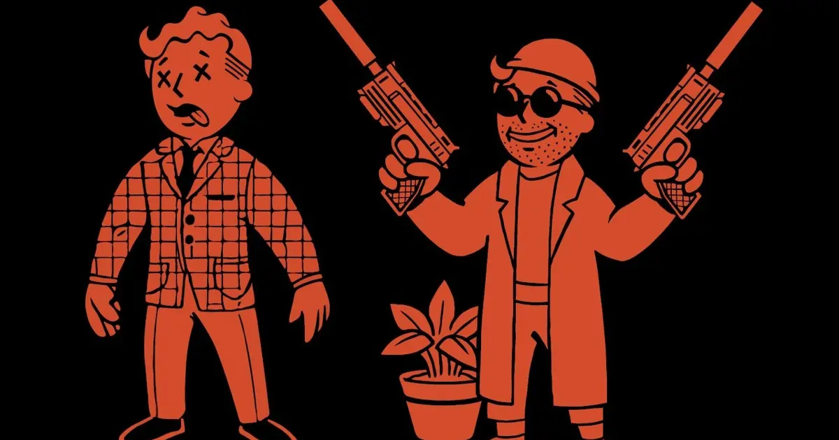 Fallout: New Vegas' Benny next to a vault boy holding two silenced pistols and wearing sunglasses.