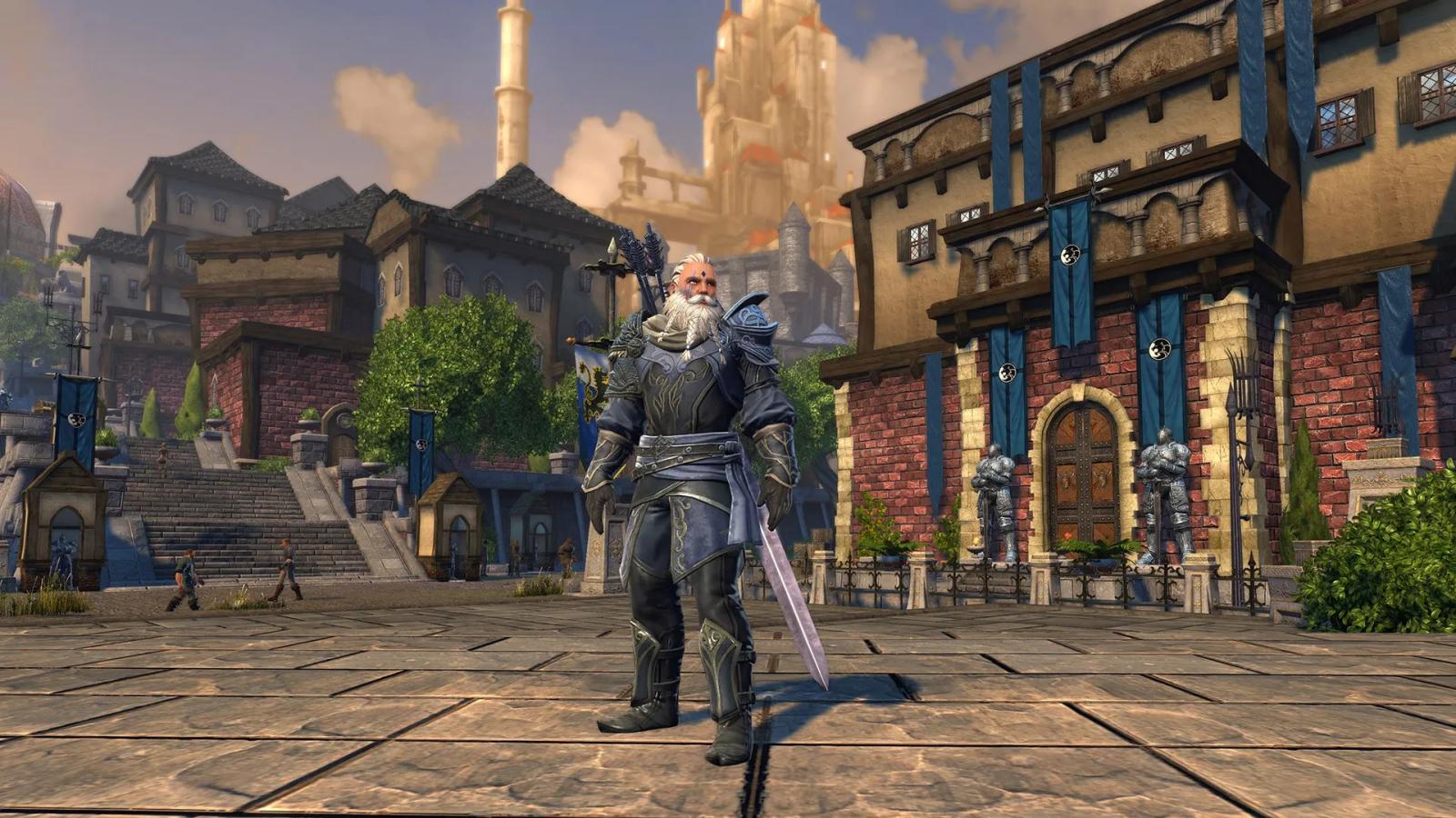 Image of a fantasy character standing in a town square in Neverwinter.