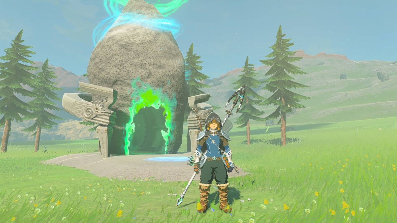 Link stood outside the Kiuyoyou Shrine in Zelda Tears of the Kingdom.