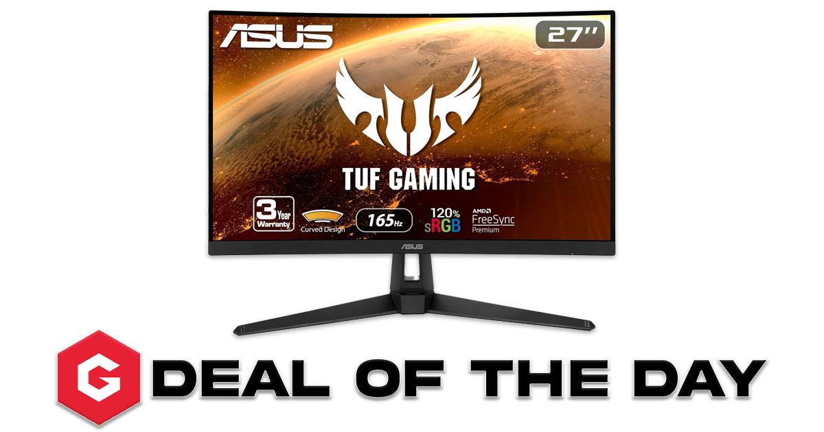 A black near-frameless monitor with ASUS TUF Gaming branding on the display above Gfinity's logo and Deal Of The Day branding in black.