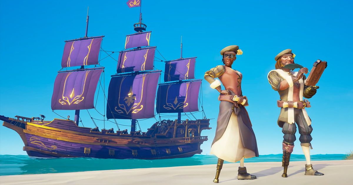 Sea of Thieves players standing on beach with pirate ship in background