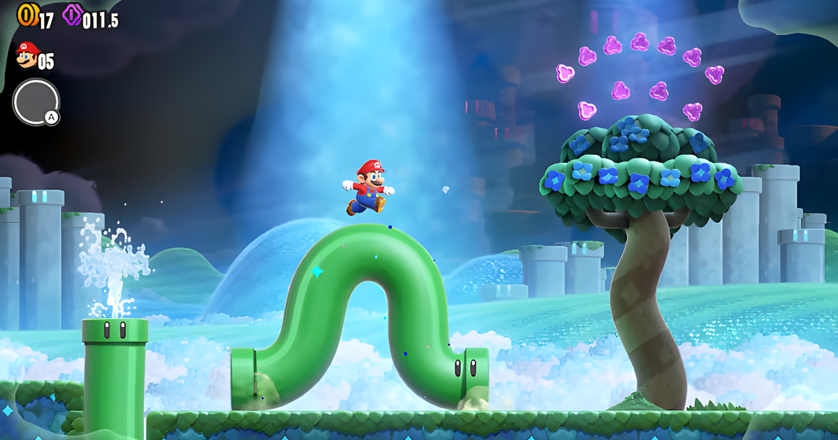 Mario traversing a green pipe in Super Mario Bros. Wonder.