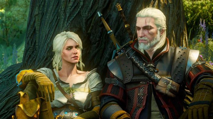 The Witcher is next to the company of people in the building in The Witcher 3.