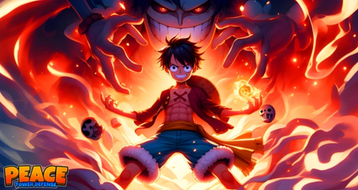 A promo image of peace tower defense featuring Luffy standing in front of a villain.