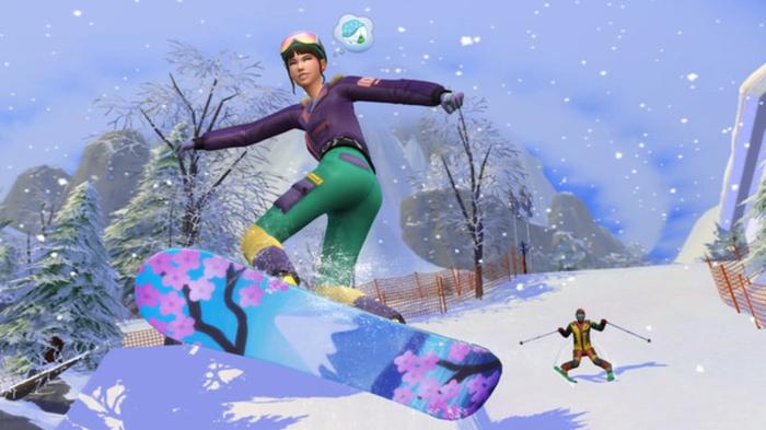 Sims 4 Snowy Escapes. A sim snowboarding expertly and a frightened sim skiing in the background.