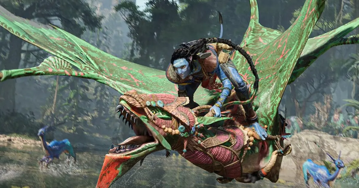 A Na'vi riding an Ikran in Avatar: Frontiers of Pandora