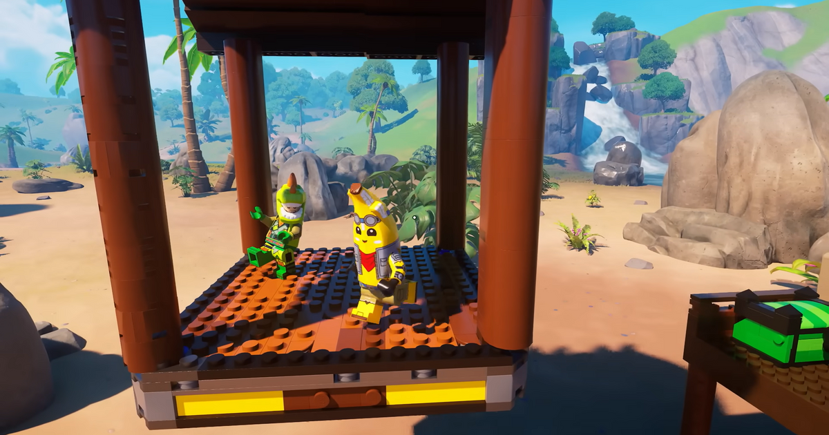 Characters dancing on a aerial vehicle's Dynamic Foundation in LEGO Fortnite.