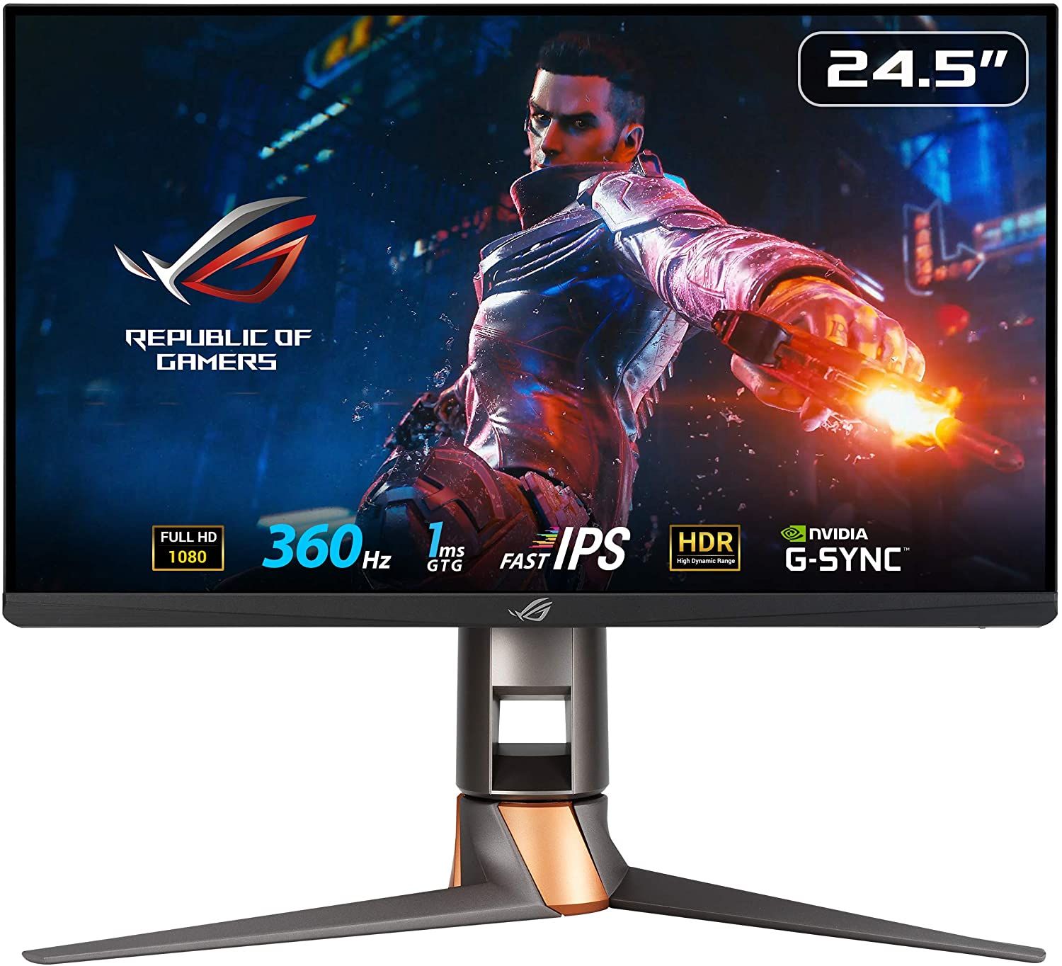 ASUS ROG Swift PG259QN product image of a grey monitor with gold trim and a video game character in armour on the display.