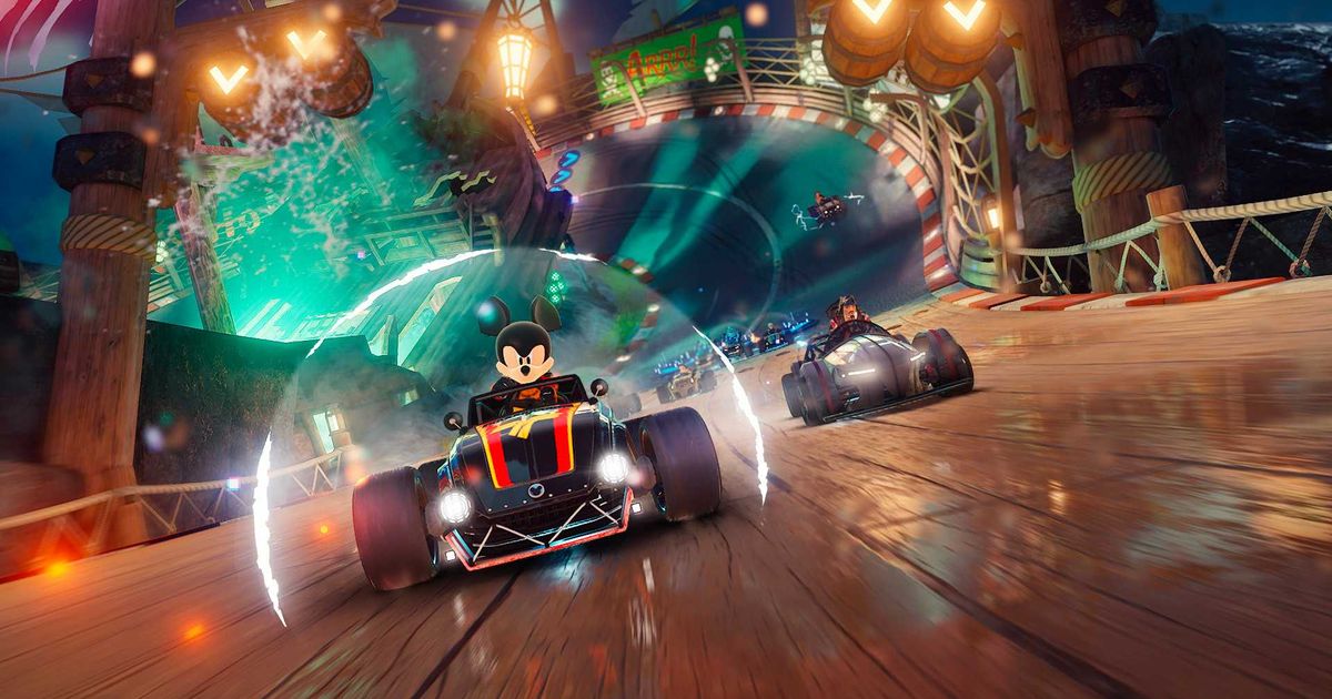 Mickey Mouse driving a kart in Disney Speedstorm.
