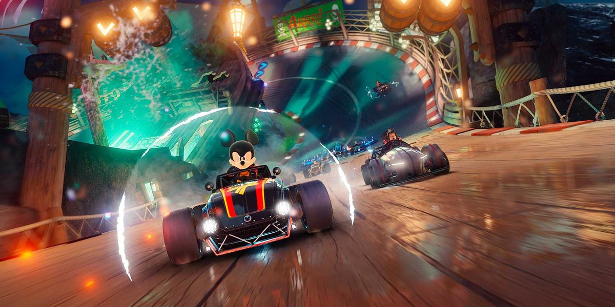 Mickey Mouse driving a kart in Disney Speedstorm.