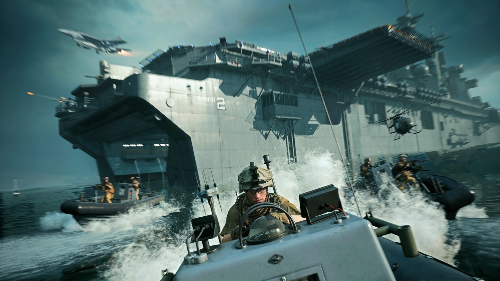 A soldier is driving a boat away from an airship fleet.