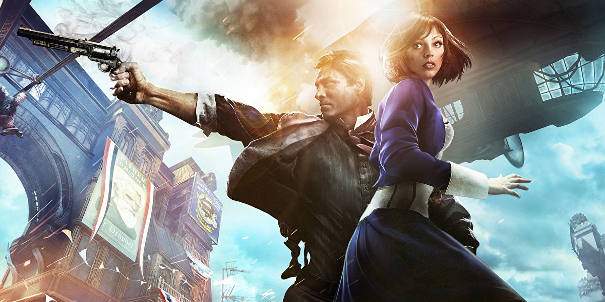 A promotional image for Bioshock Infinite. Protagonists Booker DeWitt and Elisabeth stand in front of an airship while Booker aims a gun.