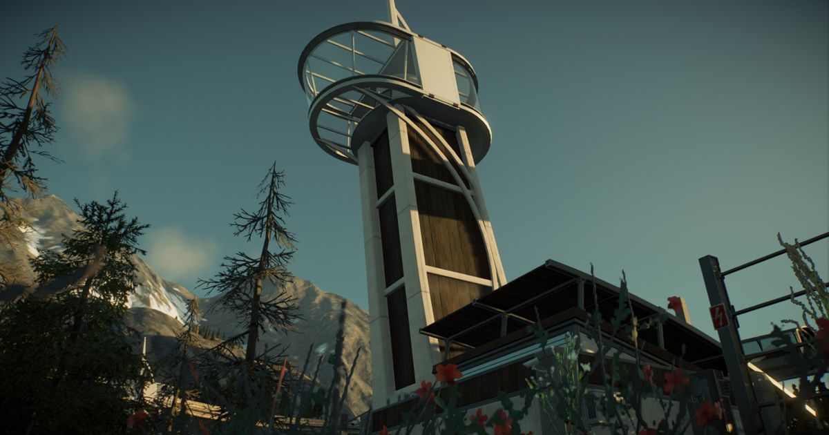 A Viewing Platform in Jurassic World Evolution 2. Image is taken from the ground looking up at the viewing platform building.