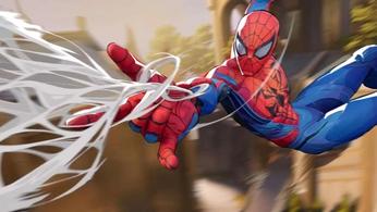 Spider-man is flying through the air with web coming out of his hand in Marvel Rivals