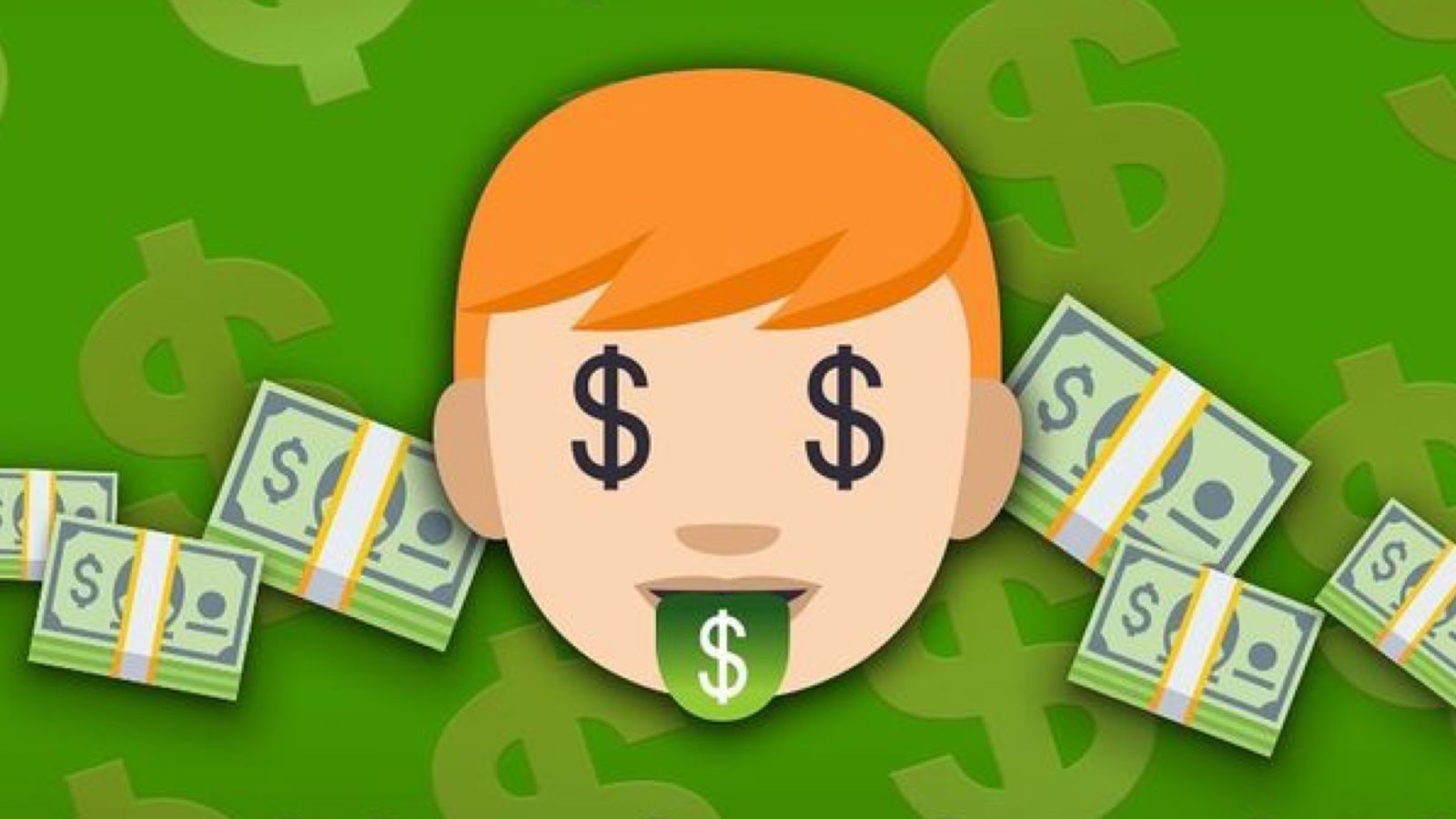 A blonde-haired man with dollar signs for eyes surrounded by cash on a green background.