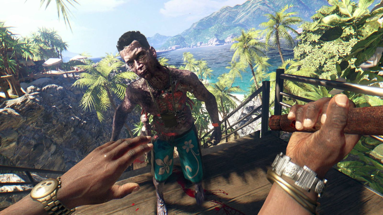 Dead Island 2 zombie looking at player holding weapon