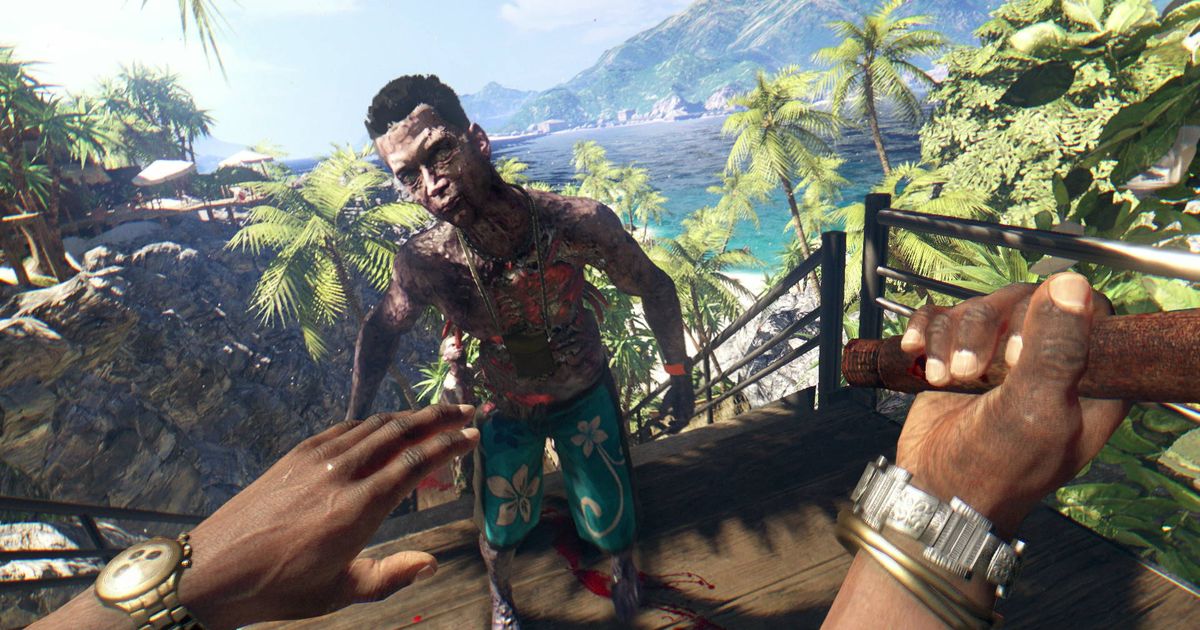 Dead Island 2 zombie looking at player holding weapon