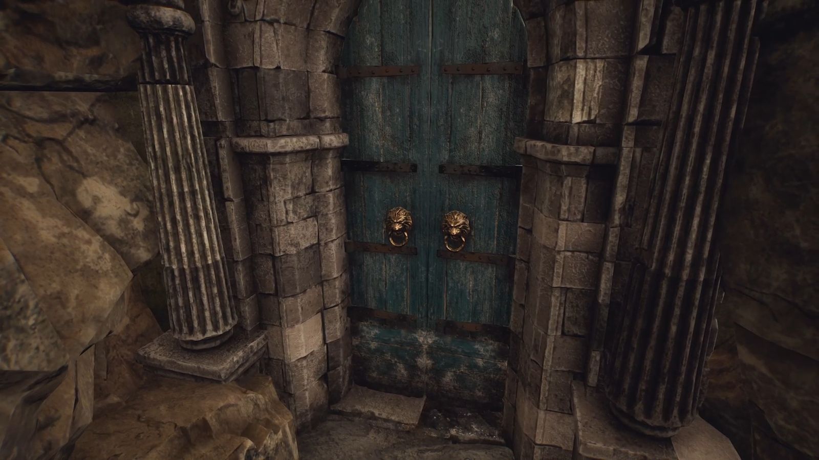 The Forgotten City. The blue locked doors to the upper cistern. The doors are blue. There are gold lion door-knockers on each door. The archway surrounding the door has two columns either side of it.