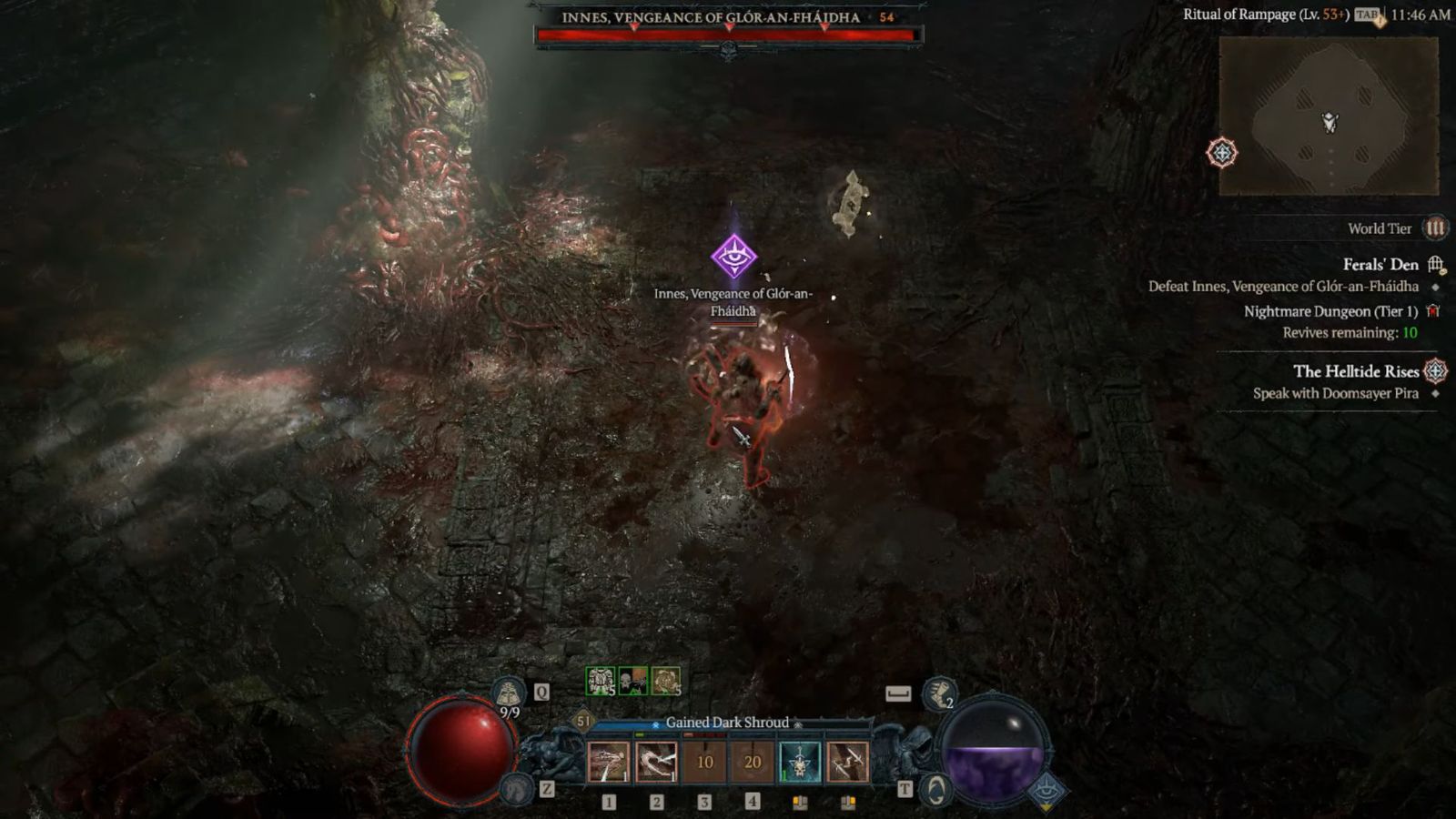 A screenshot of the Feral's Den quest with Innes, Vengeance of Glor-an-Fhaidha in Diablo 4.