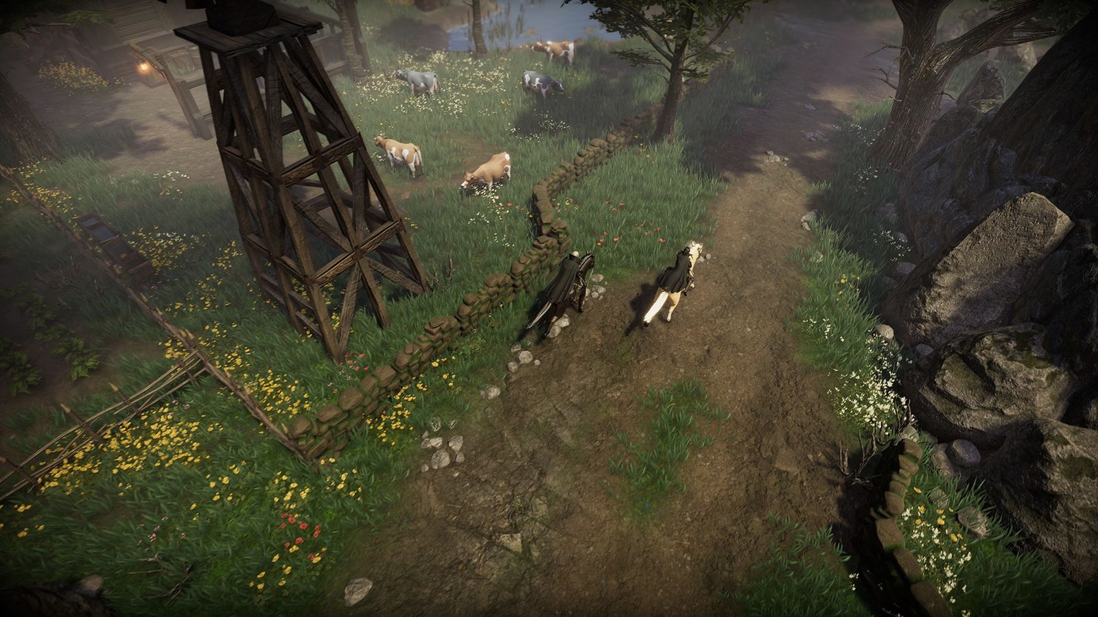 Image of the player riding through a grassy field in V Rising.
