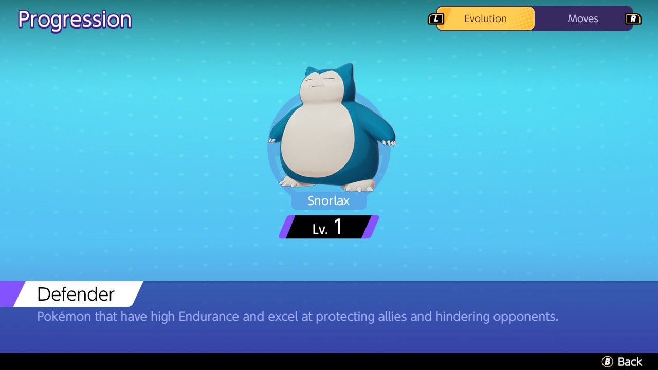 The progression screen showing when Pokémon Unite Snorlax evolves.