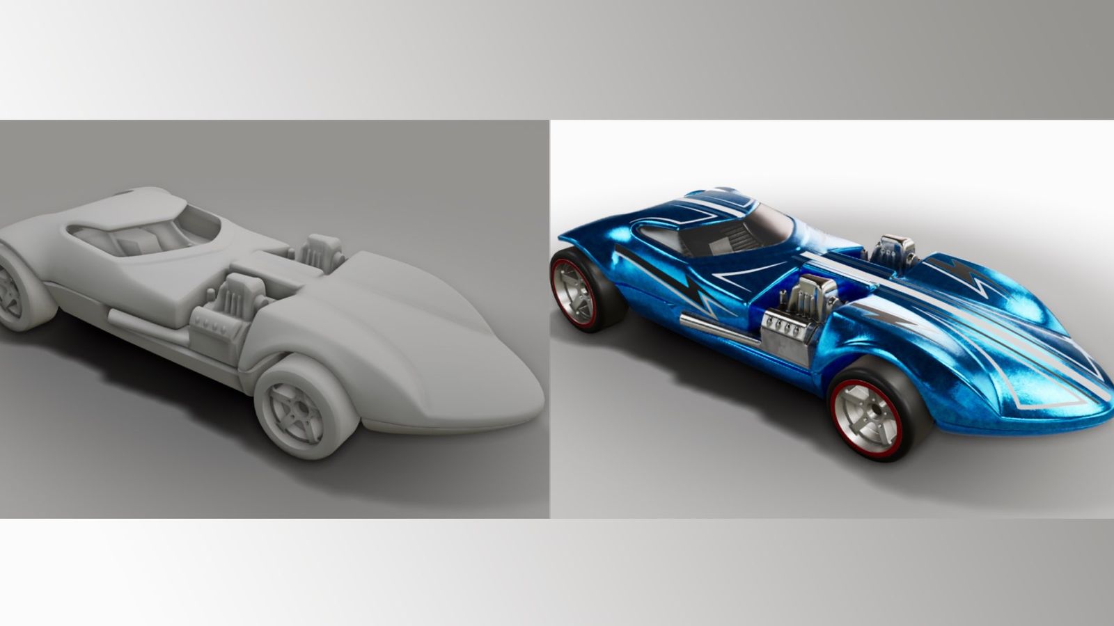 A white box image of a hot wheels unleashed 2 car next to a finished materials model