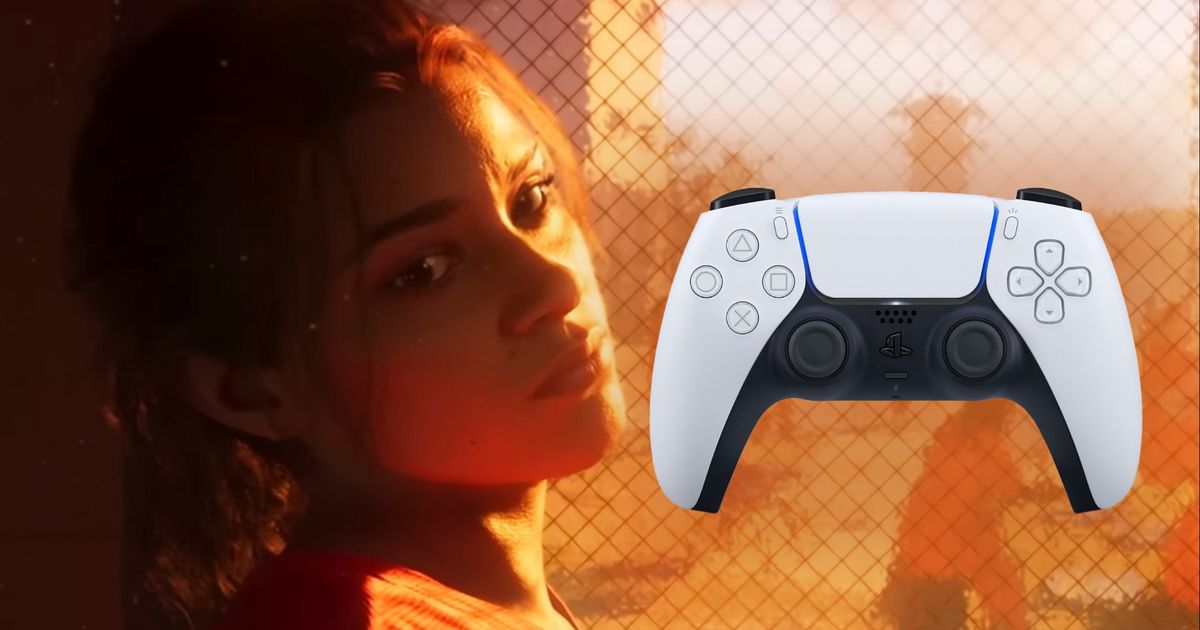 GTA 6 character Lucia looking forlorn. A PS5 controller floats near her face