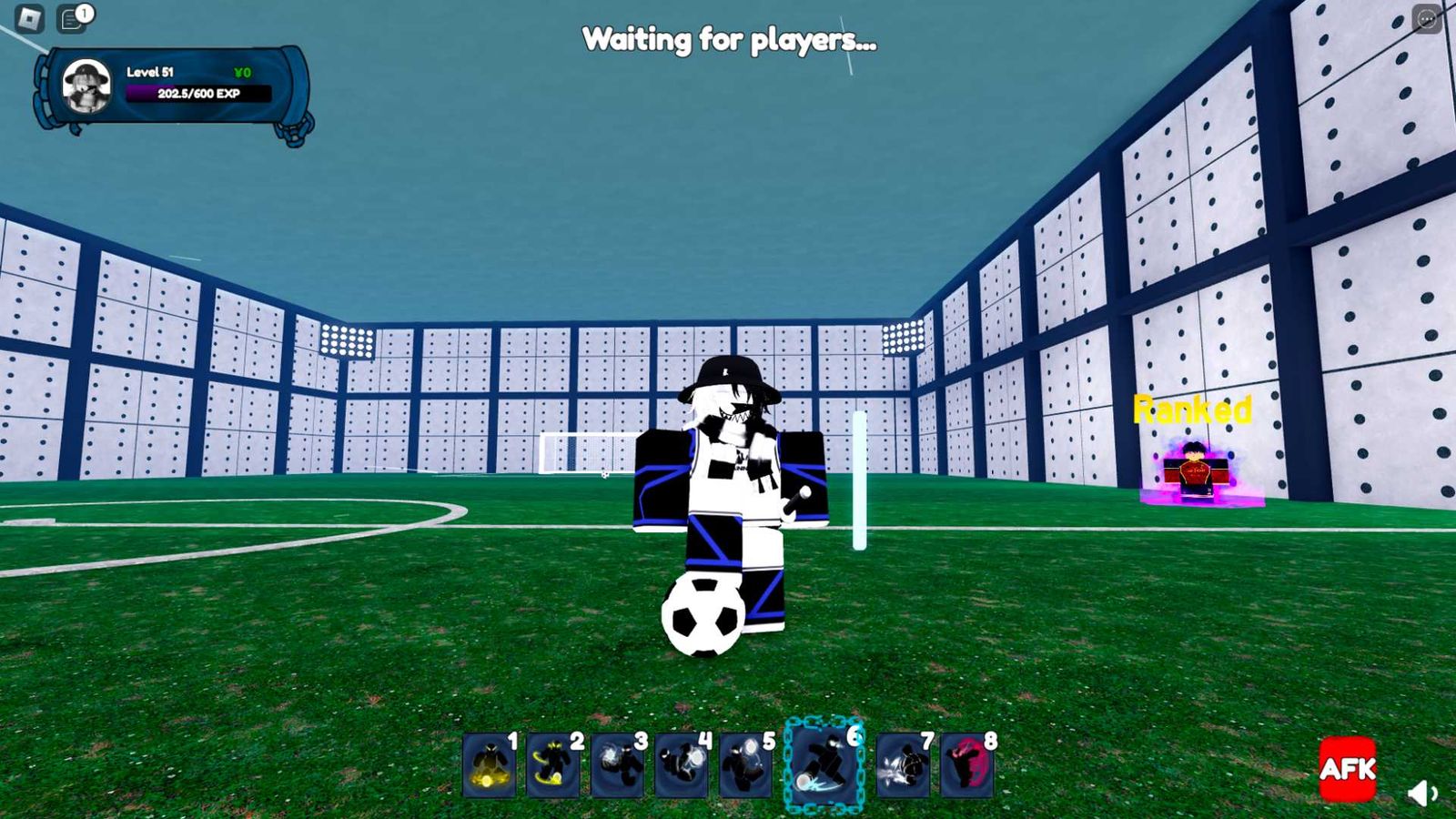 A Roblox character playing football in Striker Odyssey.