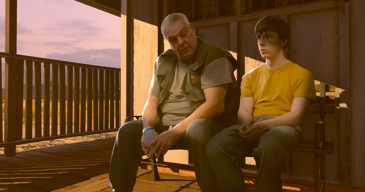 Image of a father and son sat together in As Dusk Falls.