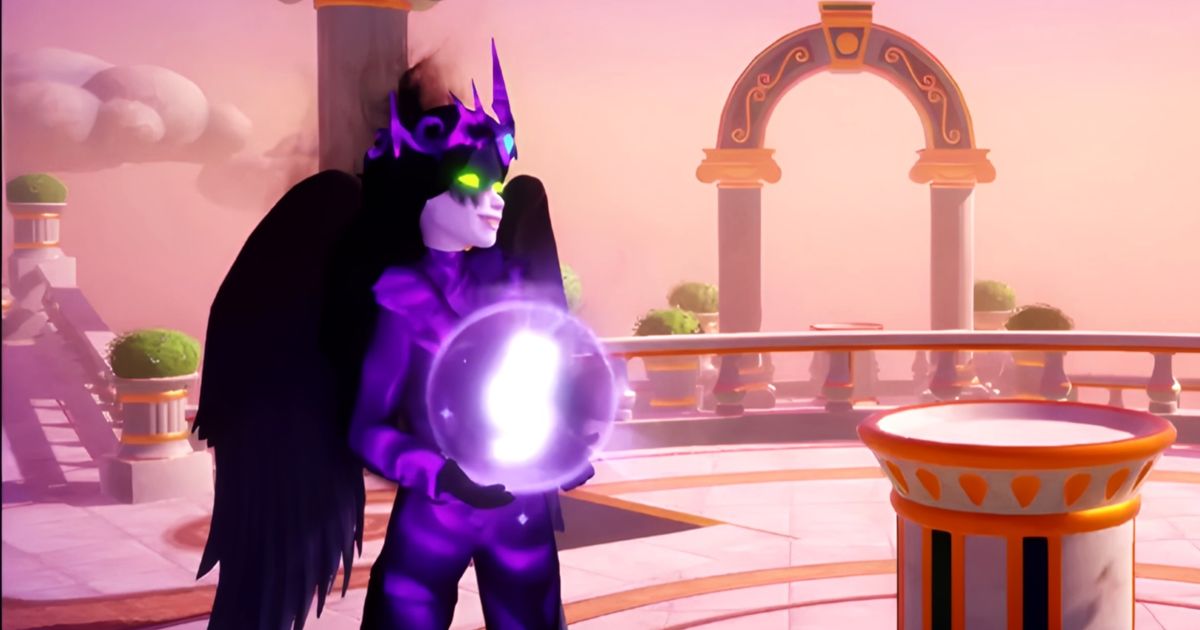 Disney Dreamlight Valley - person with green eyes, black wings, and a purple outfit and crown, holding a glowing purple orb.