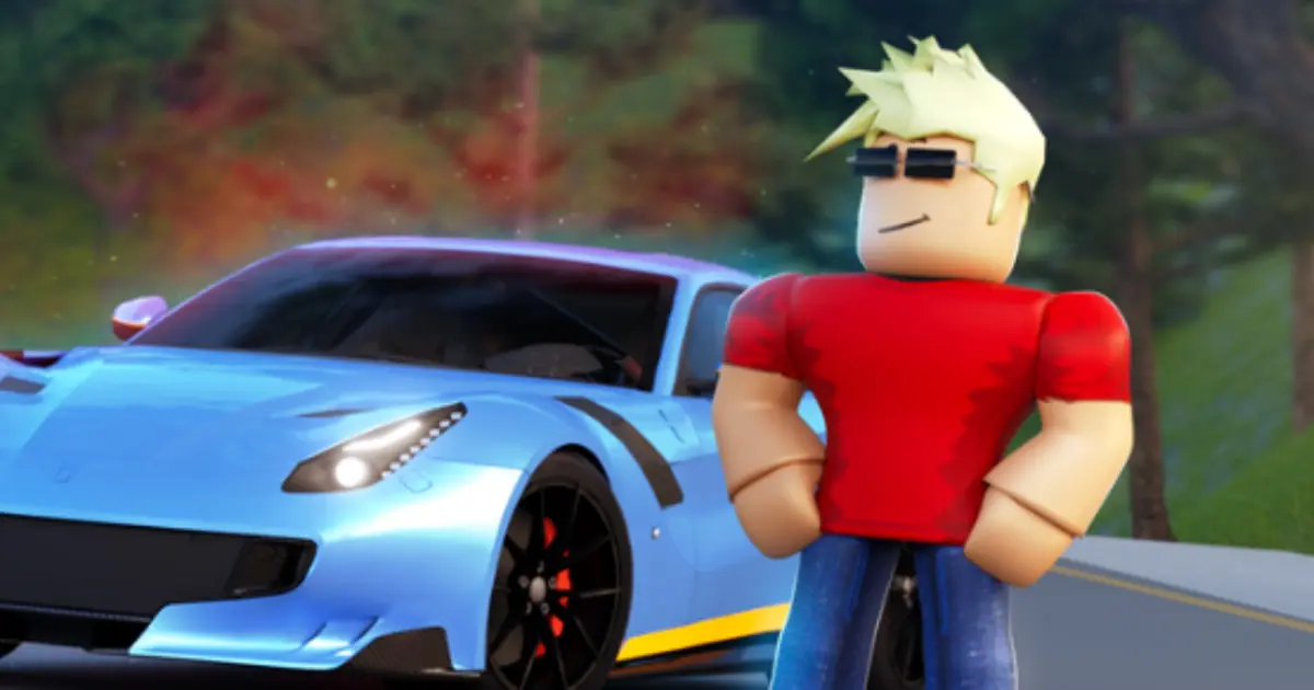 A Roblox avatar wearing a red t-shirt, stood in front of a blue supercar