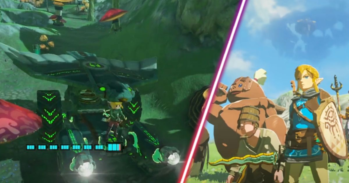 Link racing a vehicle in Zelda Tears of the Kingdom.