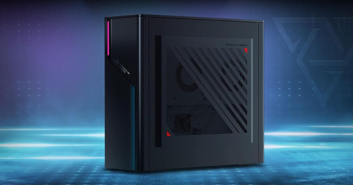 A black gaming PC featuring pink and blue lights on the front.