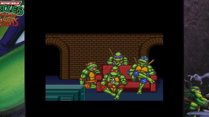 Image of the turtles eating pizza in TMNT Tournament Fighters.