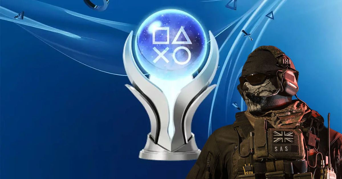 PlayStation 5 Platinum Trophy with Modern Warfare 3 Ghost wearing SAS vest on right-hand side