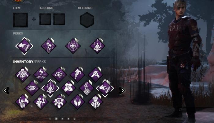 The Perk screen in Dead by Daylight. It has five pages of perks for the survivor to choose from.