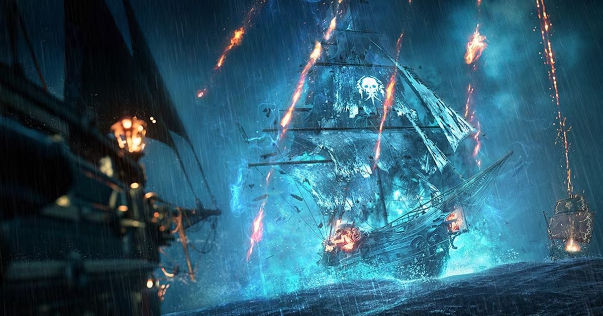 Skull and Bones pirate ship showered in burning debris
